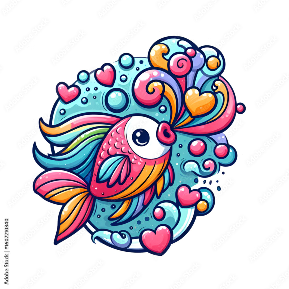 Fototapeta premium Rainbow Fish Surrounded by Floating Hearts and Bubbles