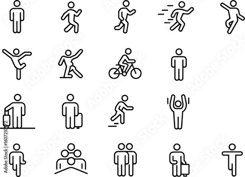 Human activity icon outline set, walking, running, dancing, cycling, waiting, travel, gestures, cad drawing flat vector illustration, exercise, movement, minimal.