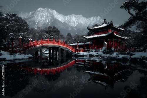 Majestic red pavilion surrounded by serene waters and snow-covered mountains in a tranquil winter landscape