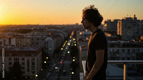Young man contemplating city skyline during sunset on rooftop  