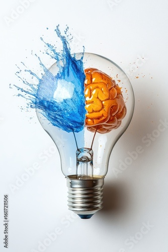 A transparent lightbulb, split in half, with a blue and an orange brain inside.  Splashes of color erupt