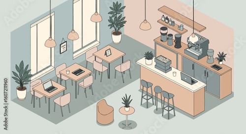 Modern minimalist coffee shop interior with cozy seating and professional espresso machine, perfect for remote work or casual meetings.