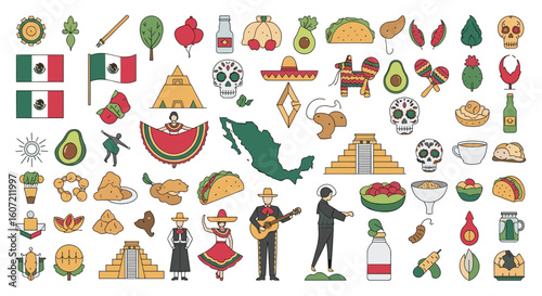Vibrant pixel art collection capturing mexican culture and cuisine with diverse icons