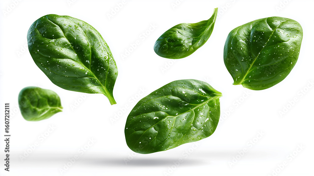 Obraz premium ほうれん草の葉が宙に浮かぶように配置されたクローズアップ写真。野菜や料理関連のデザインに適した素材。 