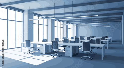 Bright, modern open-plan office flooded with natural light, featuring sleek workstations and ergonomic chairs ready for productive work.
