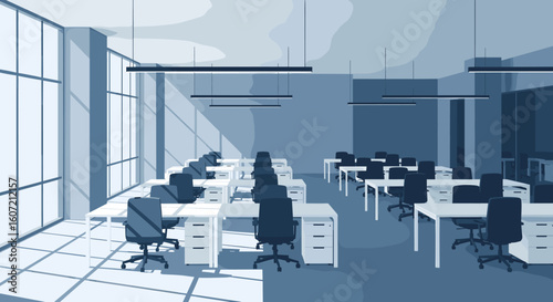 Modern, bright open-plan office space with clean desks and natural light creating a productive work environment