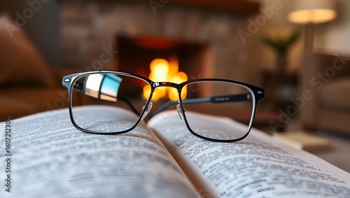 Glasses on a Book with a Warm Fireplace in the Background