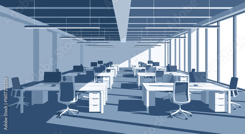Modern empty office space with desks, chairs, and computers bathed in natural light