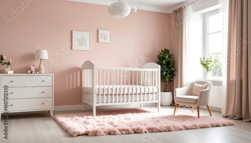 Pink nursery with crib and rug