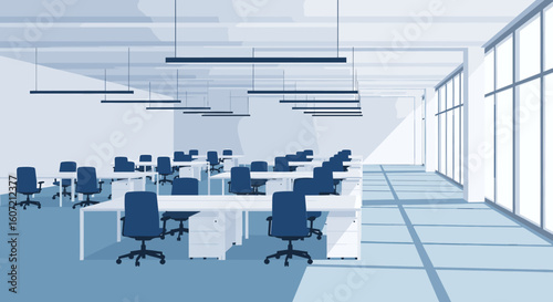 Modern empty office space with natural light streaming through large windows, ready for productive work