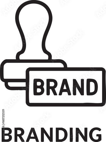 A minimalist black and white line art icon depicts a rubber stamp creating an impression with the word 'BRAND', symbolizing corporate identity and marketing.