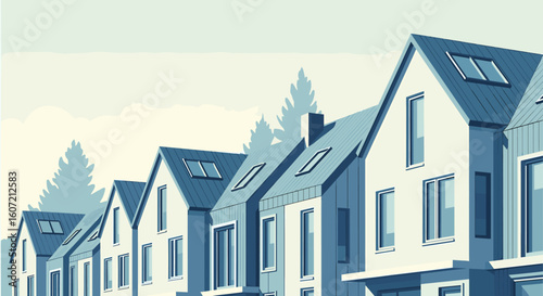 Modern suburban homes in a row under a bright sky, showcasing clean lines and contemporary architecture for real estate marketing