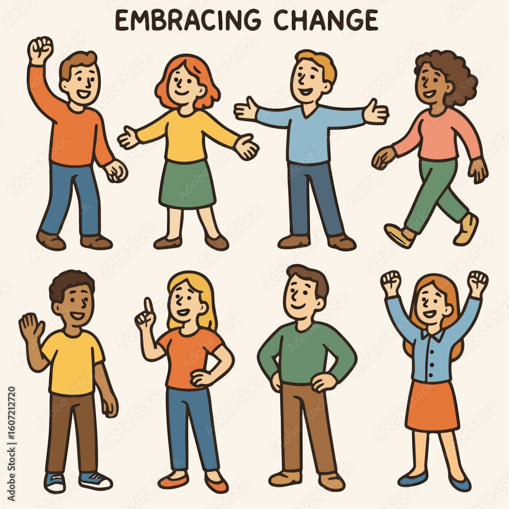 People embracing change, positive attitude, diverse group People embracing change, positive attitude, diverse group