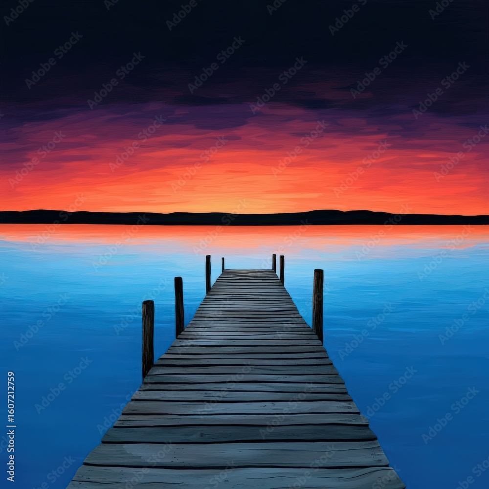 Fototapeta premium Serene Lake Sunset with Wooden Pier and Vibrant Orange and Purple Sky Reflection