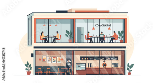 Diverse professionals collaborate in a vibrant modern coworking space, fostering productivity and community within a stylish urban building.