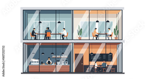 Professionals collaborate in modern office spaces and a bustling cafe, fostering innovation and productivity in a dynamic work environment.