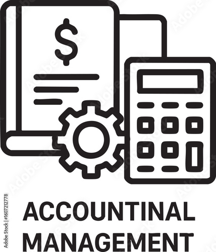 A sleek line art icon illustrates account management, featuring a ledger with a dollar sign, a calculator, and a gear, symbolizing financial organization and efficiency.