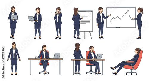 Professional businesswomen in various work scenarios demonstrating corporate activities and teamwork in an office environment