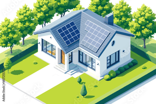Modern eco-friendly home powered by solar panels, surrounded by lush green trees and manicured gardens, representing sustainable living.