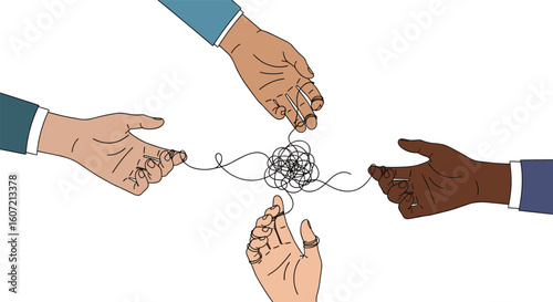 Collaborative hands untangling a complex knot illustrating problem solving and teamwork dynamics