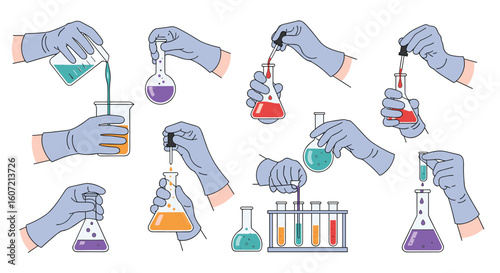 Illustrations depicting scientific experiments and laboratory procedures handled with gloves