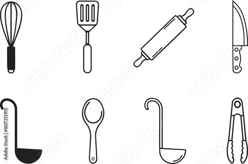 Kitchen Utensil Vector Icons: Whisk, Spatula, Rolling Pin, Knife, Ladle, Spoon, and Tongs for Cooking & Baking Themes