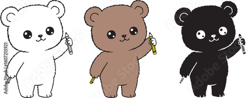 Cute Bear Holding Pencil. Happy Lefthanders Day