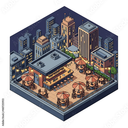 Futuristic cityscape in isometric style, representing technology and modern urban planning.