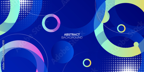 Blue abstract background overlap layer on bright space with colorful circles effect decoration. Modern graphic design element cutout style concept