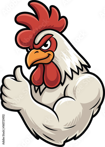 Muscular cartoon rooster mascot character with big biceps, giving thumbs up, strong confident chicken illustration, cad drawing flat vector illustration logo