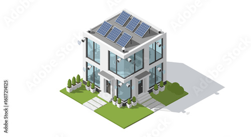 Secure smart home with solar panels and surveillance cameras, representing modern energy efficiency and advanced security systems