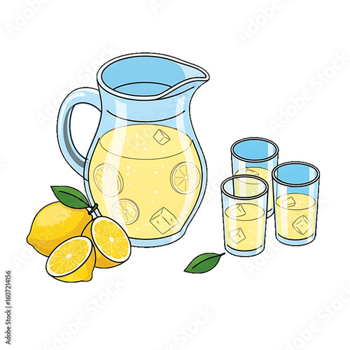 Lemonade jug and glasses, refreshing summer beverage.