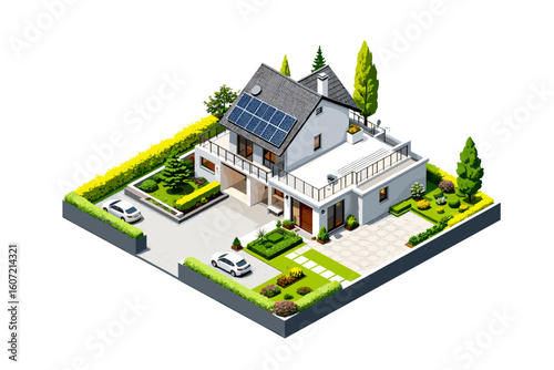 Stunning modern villa with solar panels and lush landscaping, featuring cars and pristine gardens, showcasing sustainable luxury living.