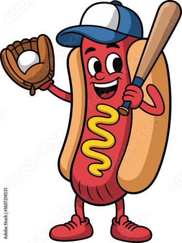 Funny cartoon hot dog baseball player character with bat, glove, and ball, wearing cap and smiling, cad drawing flat vector illustration cartoon