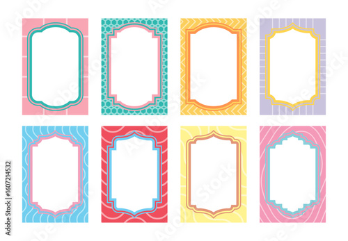 Colorful Retro Label Frames Set. Editable Vector Templates with Wavy and Geometric Background Patterns for Tags, Packaging, or Cards.