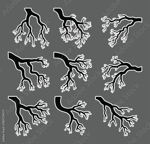 Black branching tree limbs and roots silhouette set vector