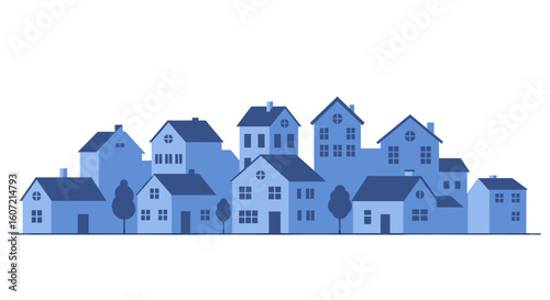 Charming blue neighborhood skyline with modern houses and trees, perfect for urban development concepts