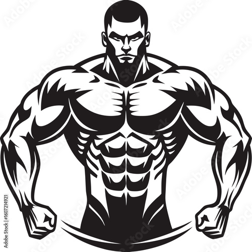 Powerful Bodybuilder Illustration Embodying Strength Black and White Detailed Muscular Physique Design