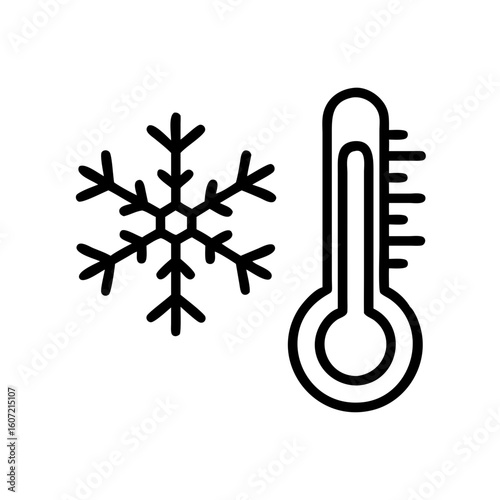 Minimalist black outline vector icon of a snowflake and thermometer showing low temperature, symbolizing cold, winter, and weather. Isolated on a transparent background