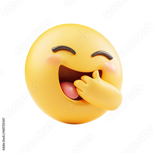 A 3D laughing emoji with a hand covering its mouth