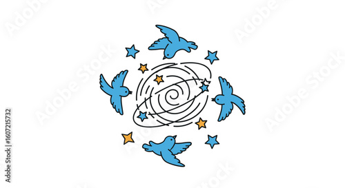 Whimsical birds circle swirling stars cosmic galaxy design abstract art featuring blue fowl and golden celestial elements