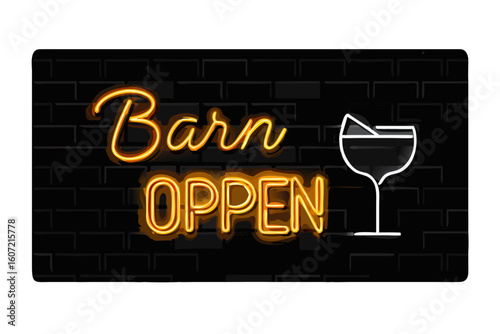 Neon barn open sign with cocktail glass on brick wall
