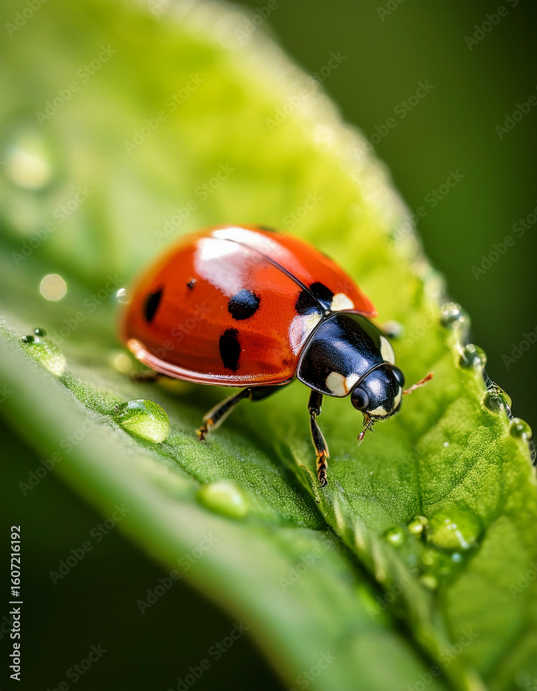 Fototapeta premium Close-up of a ladybug with black spots on a green leaf, surrounded by dew drops. Perfect for nature, insects, garden, and macro photography themes.