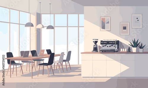 Modern minimalist office meeting room with laptops and coffee station bathed in natural sunlight, perfect for business collaboration and productivity.