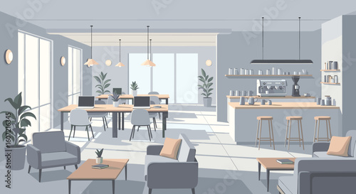 Bright, modern co-working space with laptops and coffee bar creates collaborative work environment.