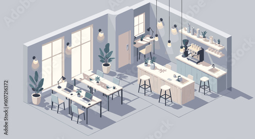 Modern co-working space with ergonomic desks, laptops, plants, and a stylish coffee bar, perfect for remote work and collaboration.