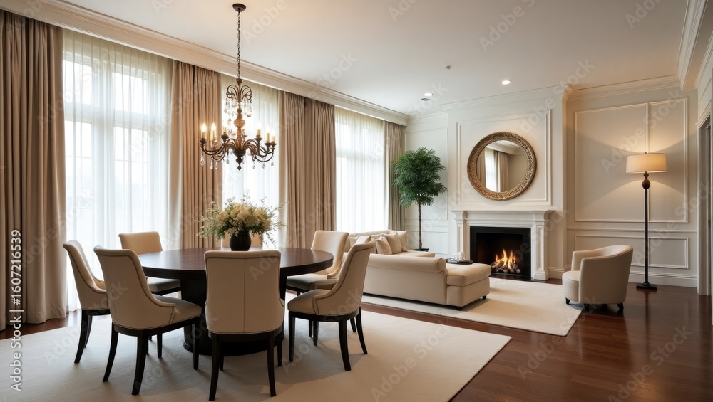 Fototapeta premium Elegant dining and living room with a fireplace plush seating and a round table creating a sophisticated and inviting ambiance