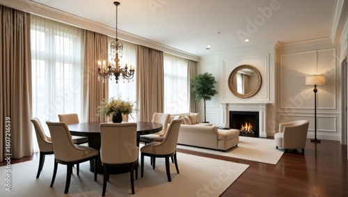Elegant dining and living room with a fireplace plush seating and a round table creating a sophisticated and inviting ambiance