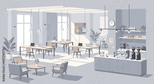 Bright, modern co-working space buzzing with productivity, featuring sleek desks, comfortable seating, and a professional coffee bar.