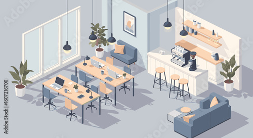 Modern coworking space with sleek desks, laptops, comfy seating, and a stylish coffee bar creating a productive and inviting work atmosphere.